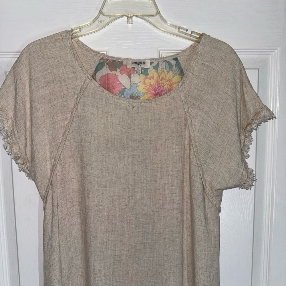 Umgee Beige Mini Linen Dress with High Low Ruffle Fringe and Floral Print - Picture 5 of 16
